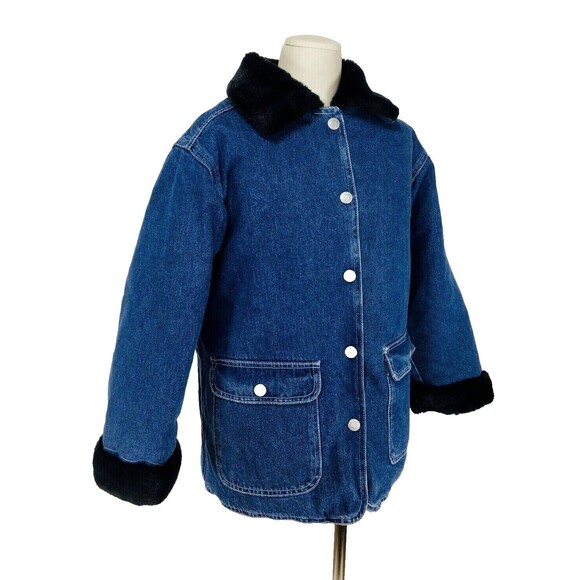 Vintage 80s Sherpa Lined Blue Denim Chore Barn Coat Faux-Fur Collar Cuff Unisex